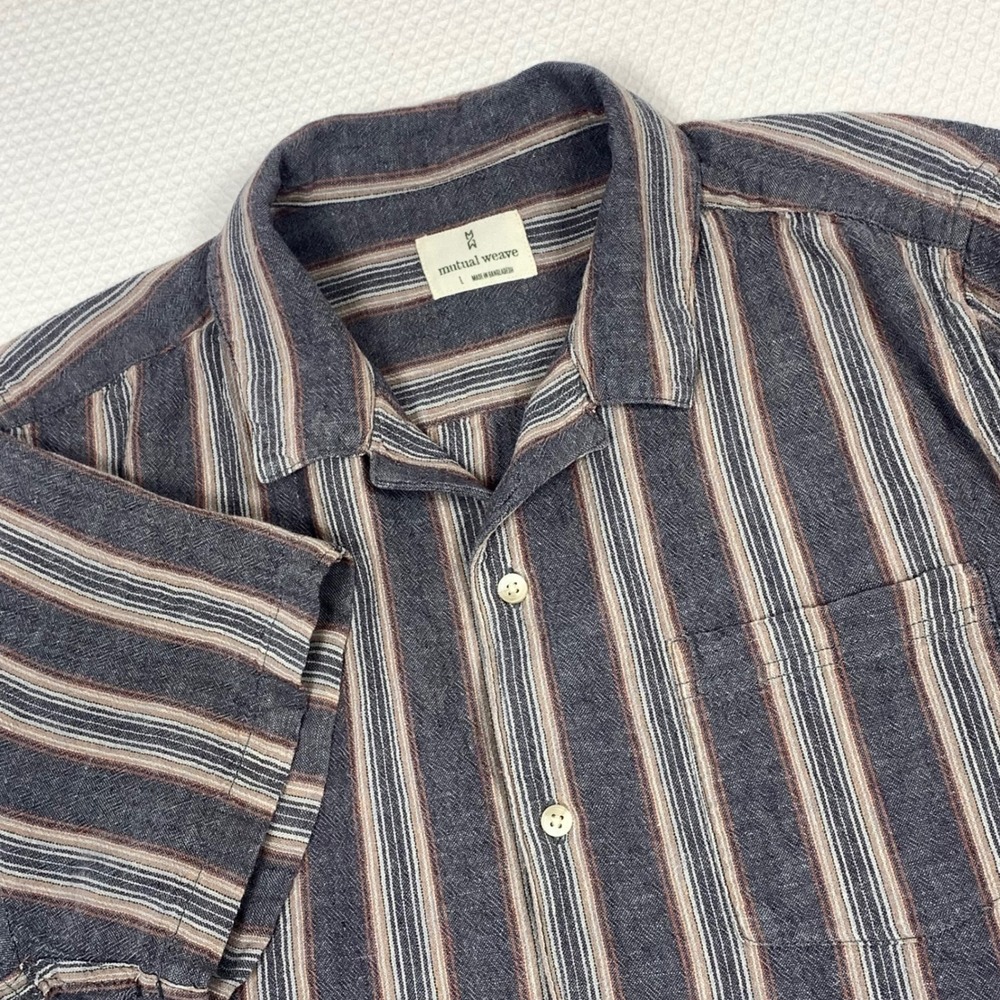 Mutual Weave Mens Linen Cotton Striped Short Sleeve Button Down Shirt Large